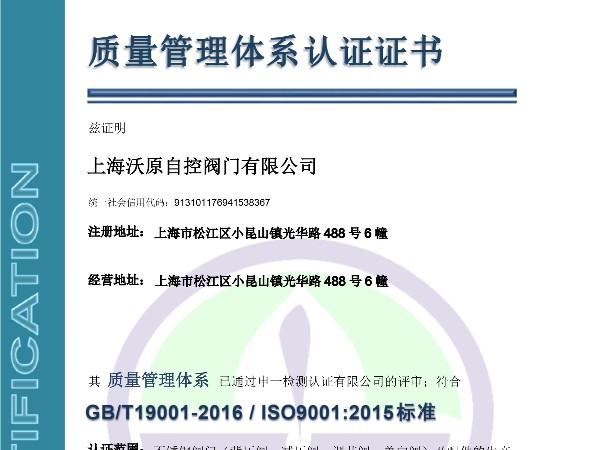 上海蜜桃在线观看自控蜜桃黄色视频网站在线观看有限公司ISO质量管理体系认证证书